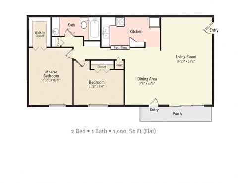 2BR 1Bath Floor Plan at Kings Trail Apartment Homes, Jacksonville